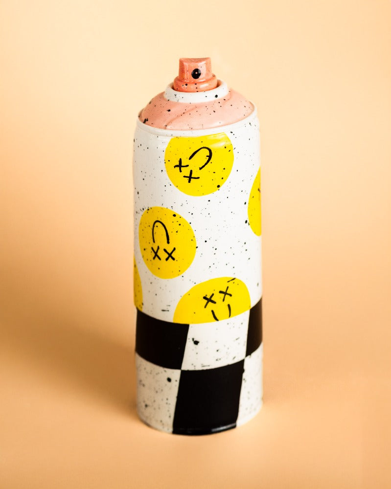 Checkered Smiley Ceramic Can Sculpture, 2025